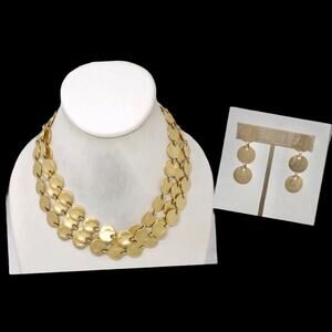 Gold-tone Hammered 2 Set 3-Tier Statement Choker Necklace with Earrings